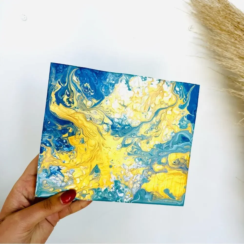 Metallic Gold White Turquoise Blue Abstract Painting Original Art Wood Square